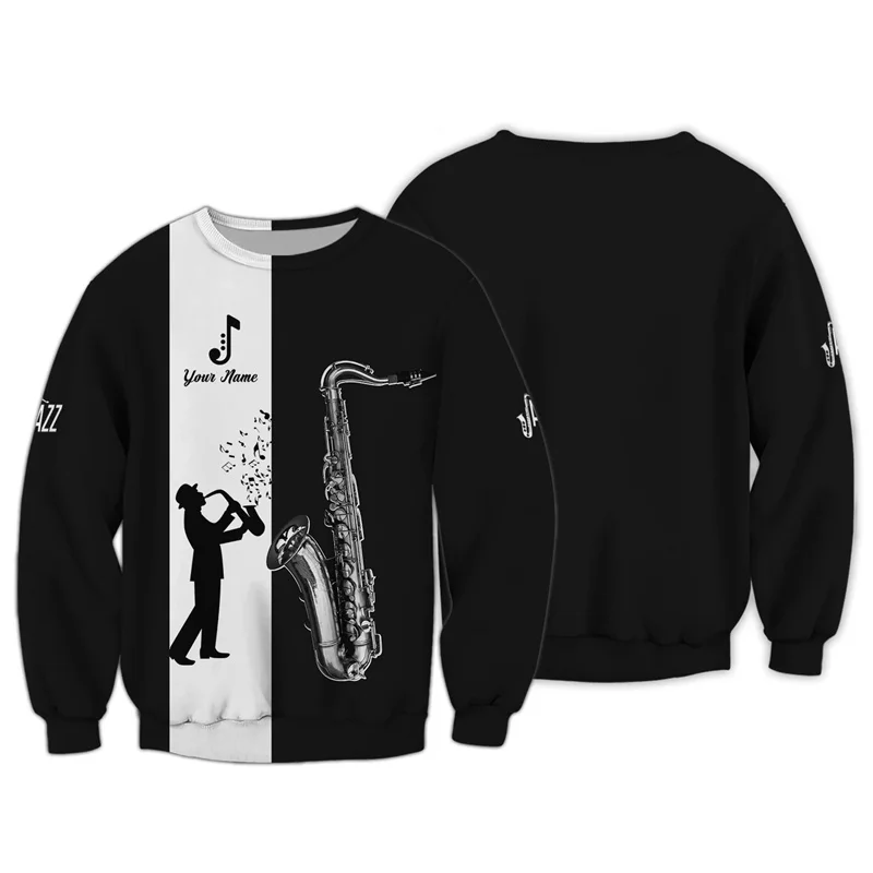 Saxophone Pattern Sweatshirt For Men 3D Print Music Jazz Pullovers Women Streetwear Long Sleeves  Loose Round Neck Clothing Tops