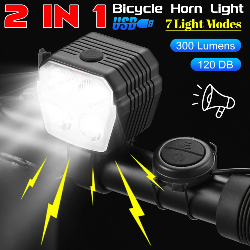 2 In 1 Bicycle Horn Light MTB Road Bike Front Lamp 120 DB USB Charging Front Bike Headlight 7 Light Modes Cycling Accessories