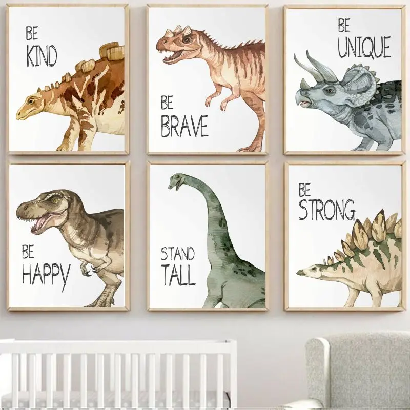 

Watercolor Dinosaur Nursery Cartoon Animal Print Art Canvas Poster For Living Room Decor Home Wall Picture