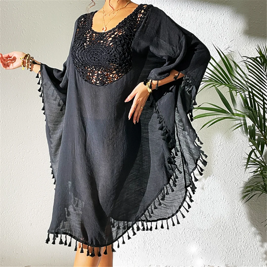 Neue Tunika mit Fransen, Quasten und Stickerei, halblange Ärmel, Strandkleid, langes Strandkleid, Strandmode, Damen, V5328 – Detail 16