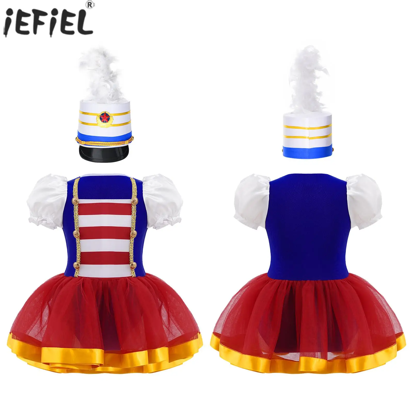 

Kids Girls Circus Flag Raiser Honour Guard Costume Halloween Cosplay Carnival Performance Puff Sleeve Ballet Dance Leotard Dress