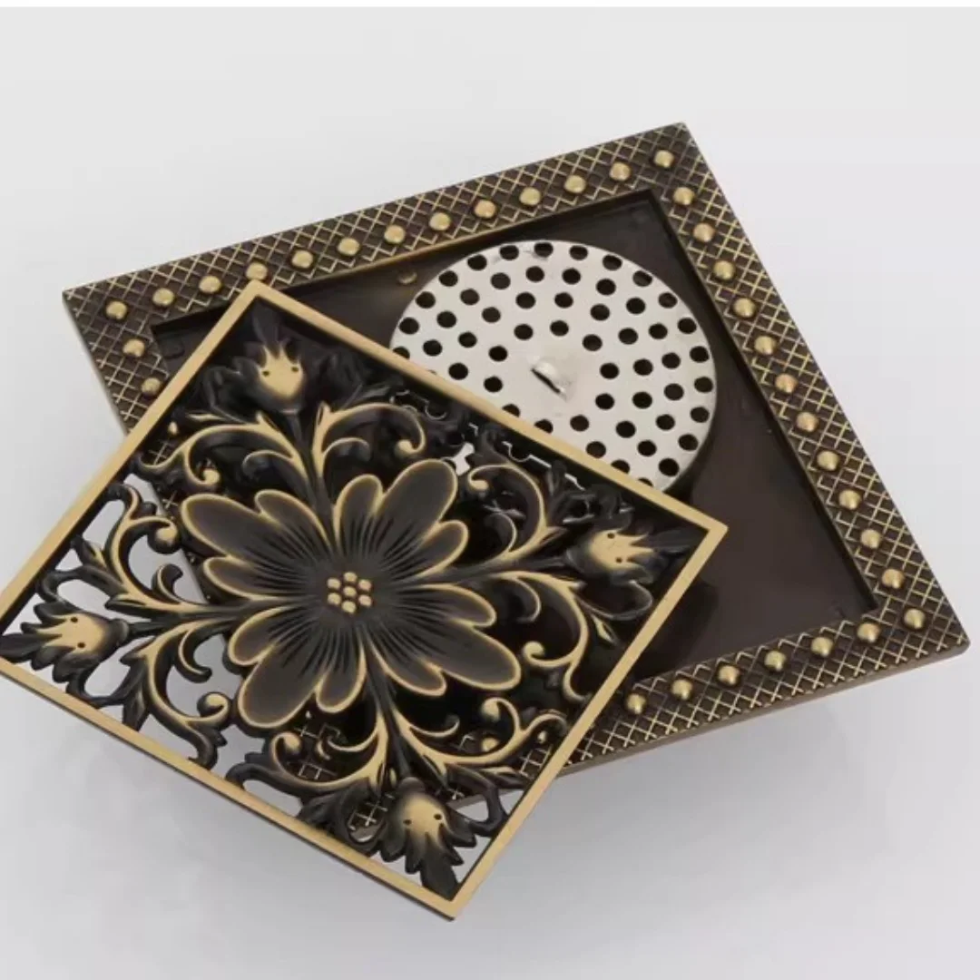 Antique Bronze Carved 15X15 CM Floor Drain Brass Shower Floor Drain Brass Square Floor Drain Screen Cover Grille Drain