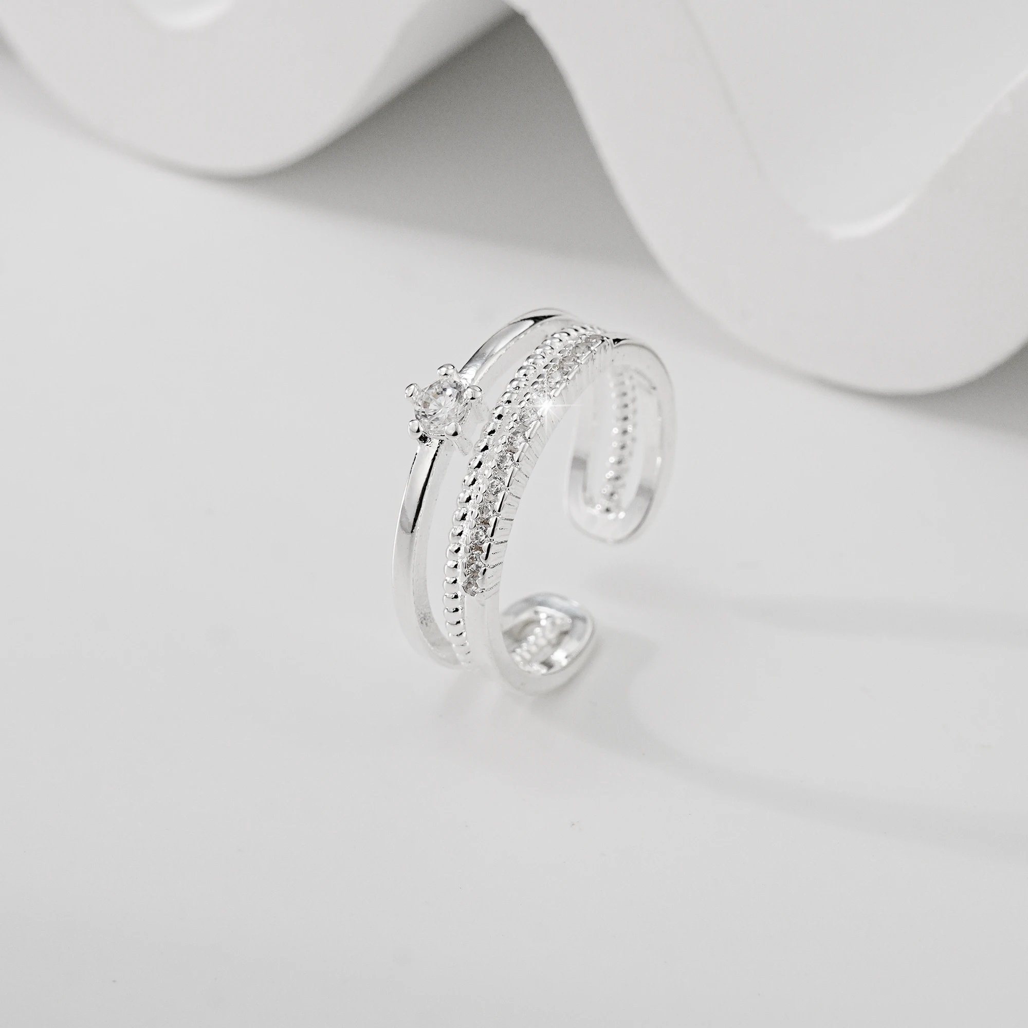 

925 Sterling Silver Adjustable Double Layer Zircon Open Ring For Women Fashion Statement Fine Jewelry Gift