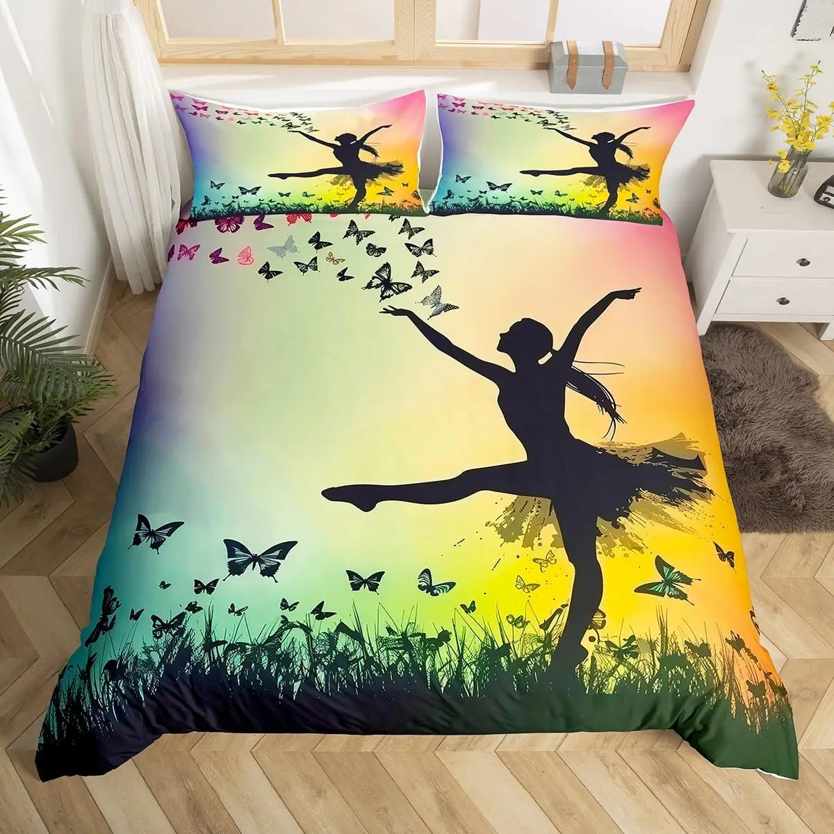 Cute Ballet Girl Duvet Cover for Kids Teens Room Dancing Girls Bedding Set Twin King Butterfly Comforter Cover with 2 Pillowcase