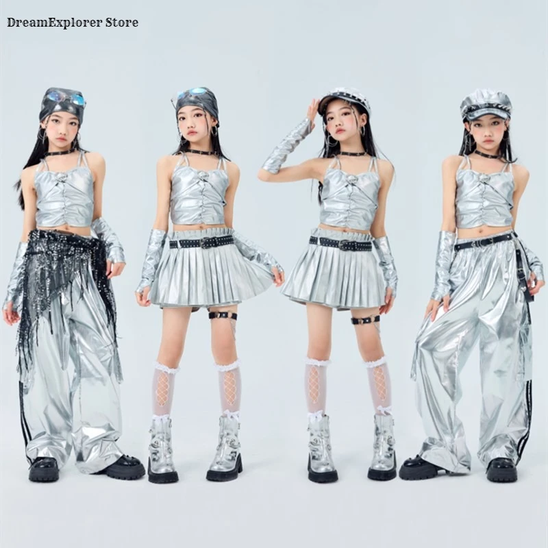 Girls K-pop Silver Crop Top Street Dance Cargo Pants Jazz Skirts Kids Hip Hop Clothes Set Children Streetwear Girl Group Costume