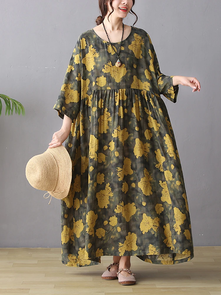 NYFS 2023 Autumn New Vintage Long Dress Vestidos Robe Ete Femme Elbise Loose Cotton Linen holiday Print  Long Sleeve Woman Dress