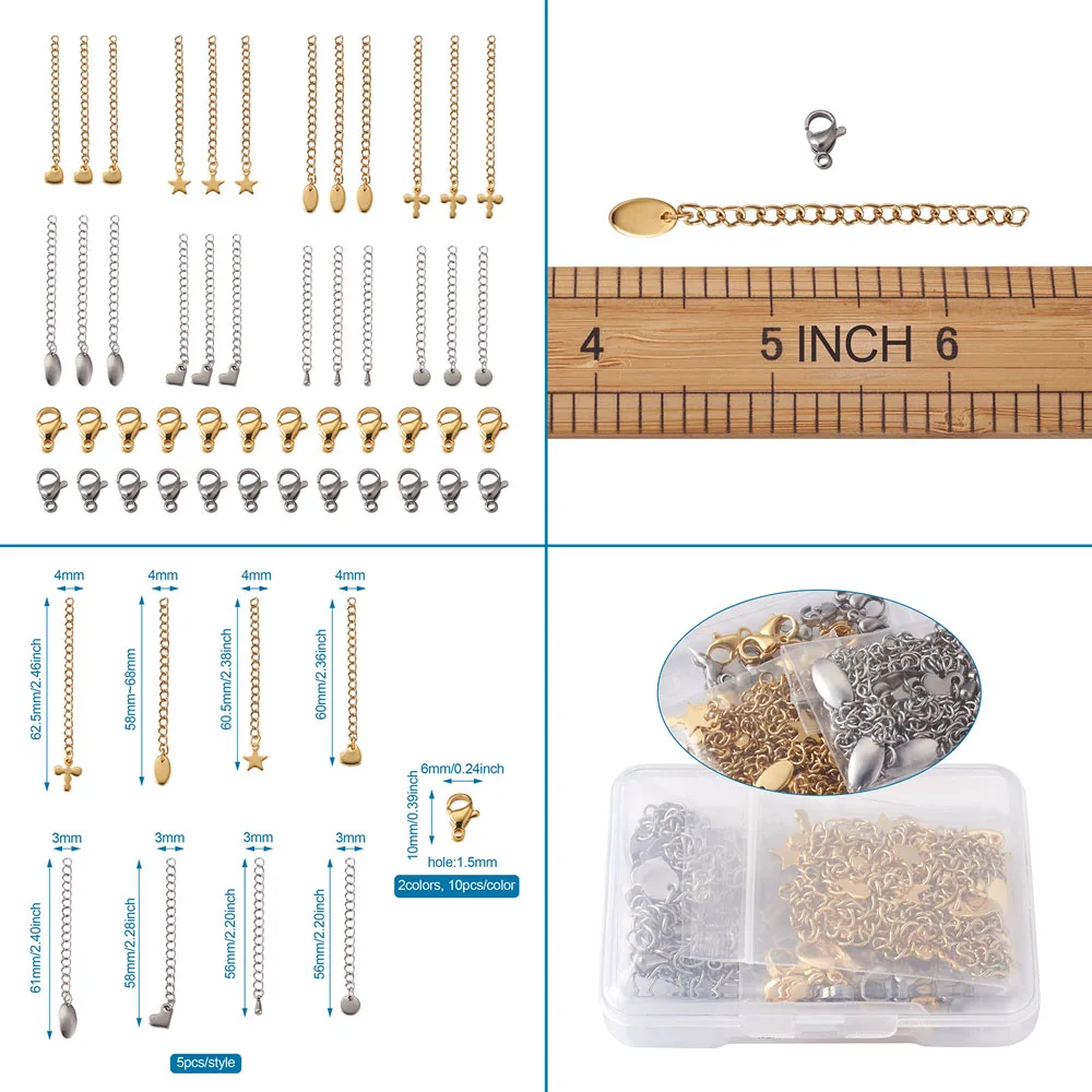 40 peças diy 304 kits de busca de joias de aço inoxidável com extensores de corrente e fechos de garra de lagosta cor dourada e de aço inoxidável