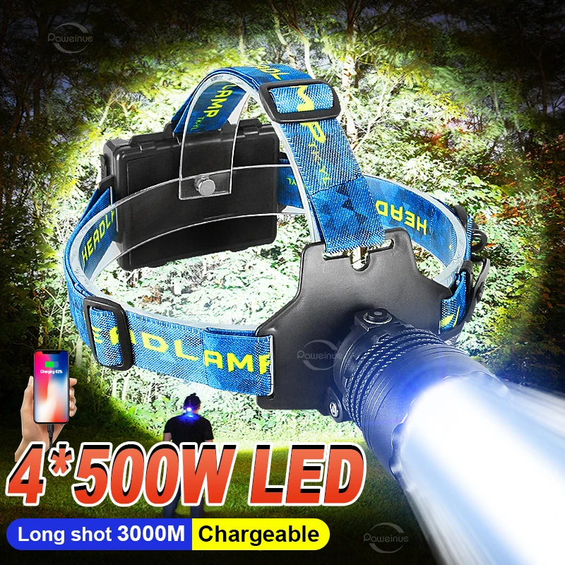 2024 New Portable Super Bright Headlamp 4core 500W LEDs 18650 Rechargeable Head Lamp Waterproof Zoom Camping Fishing Lantern