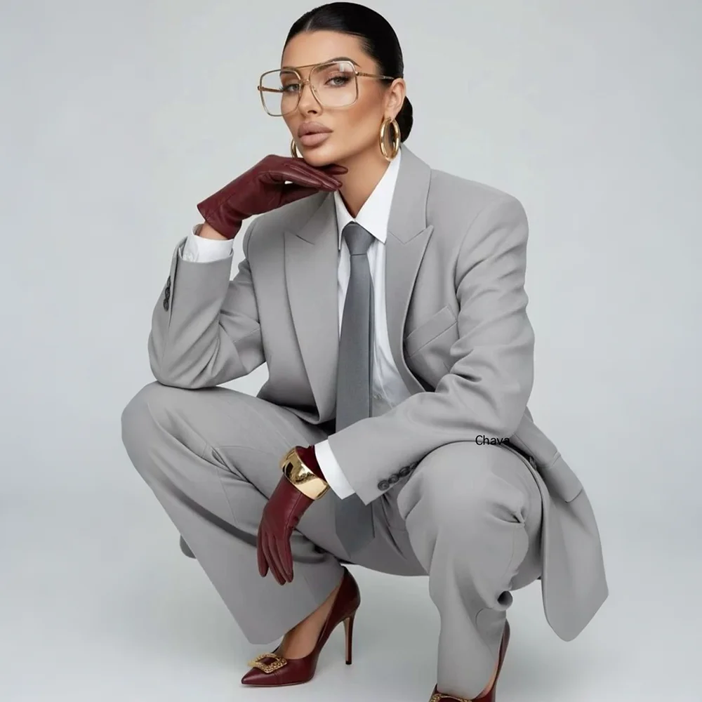 Classic Women Oversized Gray Suit Unisex Single Breasted Jacket+Trousers 2 Piece Business Set Formal Banquet Party Outerwears