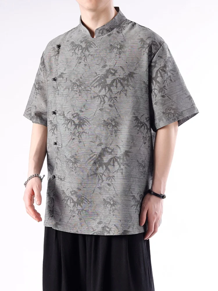

New Chinese Sle Men's irt Thin ort Sve Button up Printed Loose Fit Summer Cool Feeling Youth Faion Hanfu Tang Costume