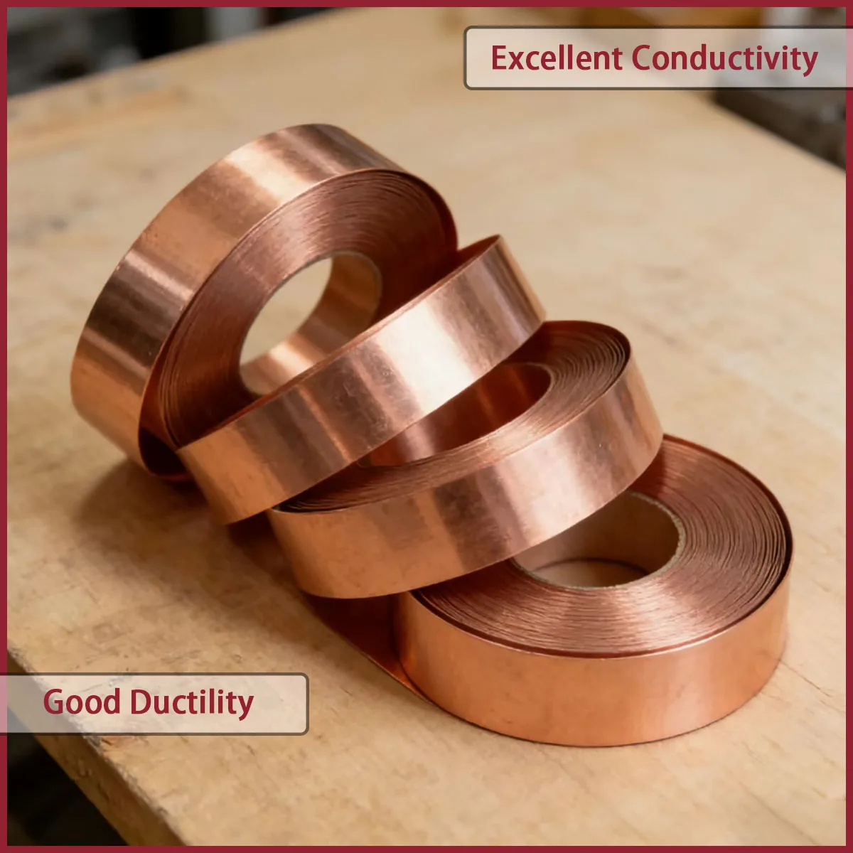 Pure copper foil with high-purity copper (purity ≥ 99.9%) and red copper plate thickness of 0.05-0.8mm and width of 5-80mm