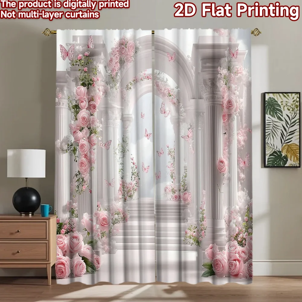 2D flat 2pcs Curtain Country Style Pink Rose Butterfly Arch Digitally printed polyester Festive Holiday Use for Indoor
