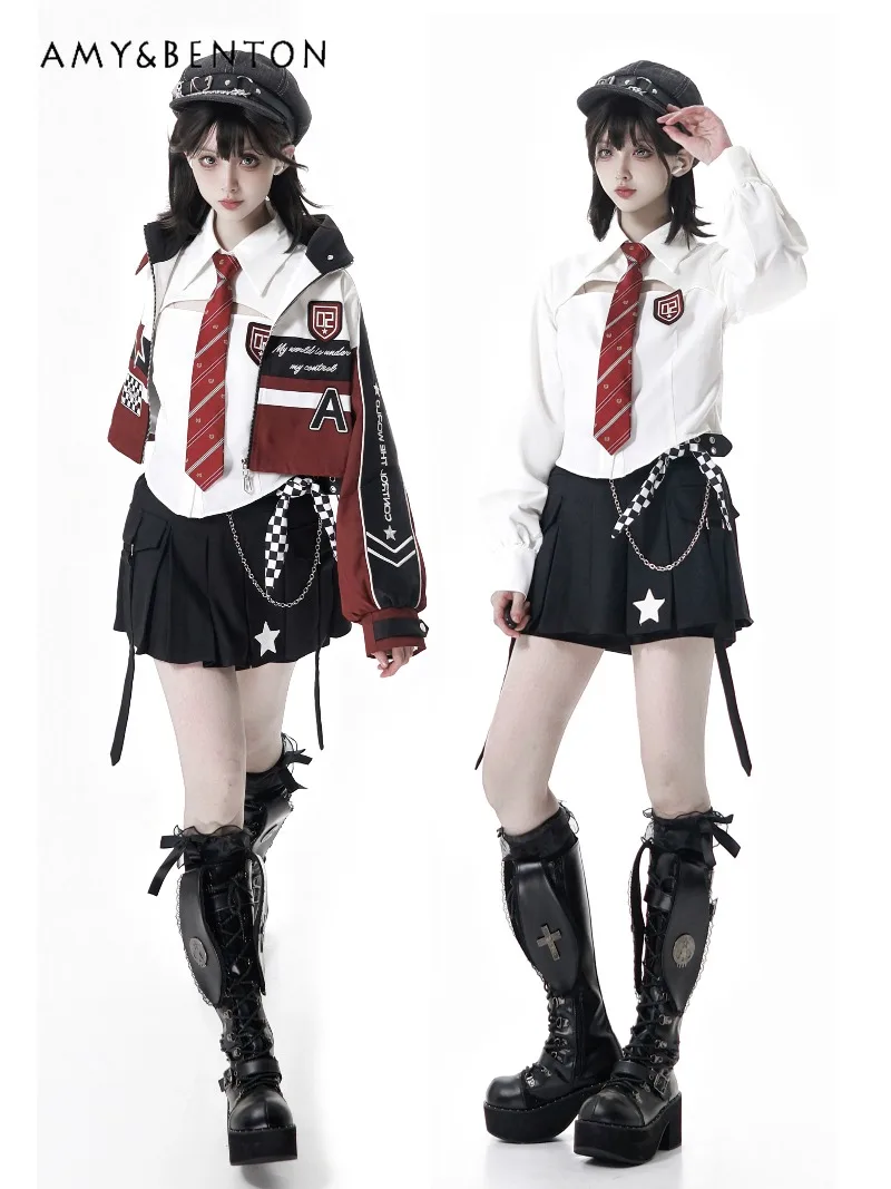 

Стиль Харадзюку, милая крутая готическая одежда для девочек, женская мотоциклетная короткая куртка с буквенным принтом для девочек, рубашка, искусственные юбки из двух предметов