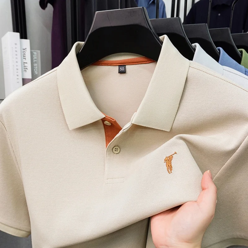 High end brand silk cotton short sleeve polo shirt breathable men's T-shirt for summer Paul Pony embroidered business casual top