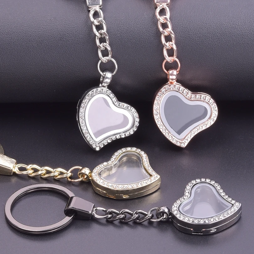 

1Pcs Asymmetric Rhinestone Love Heart Glass Living Memory Photo Locket Charms Gold Color Rose Black Alloy Keychain Jewelry