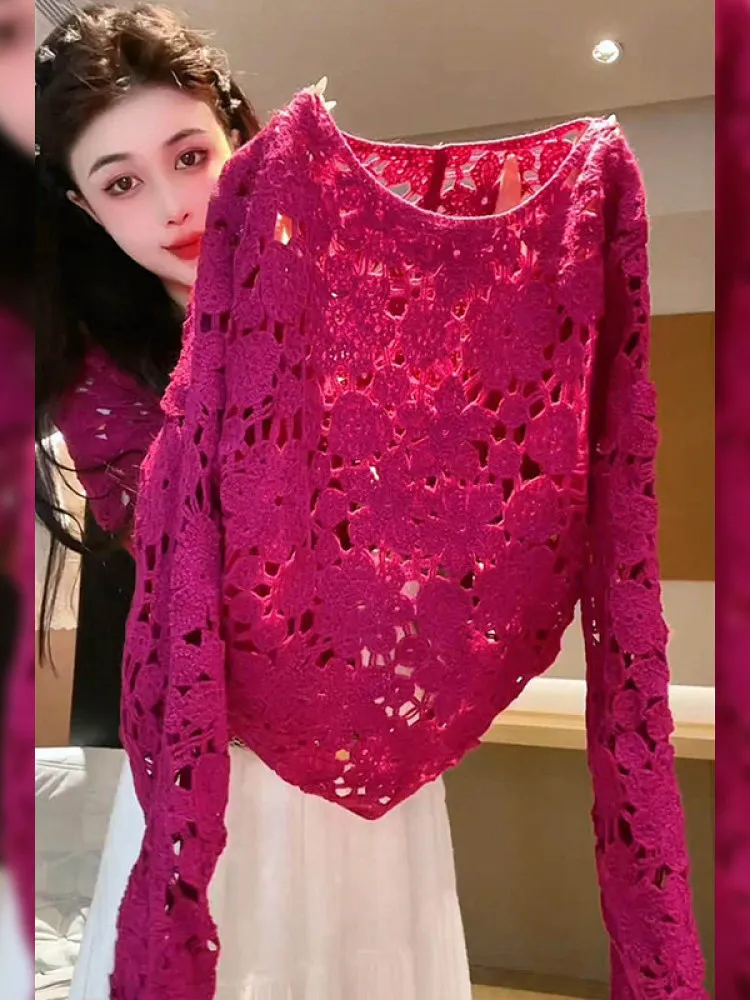 

Spring Autumn Women's Knitted Long Sleeve Hollow out Hook Flower Dragon Fruit Purple Top Comfortable Medium Softness Commute ...