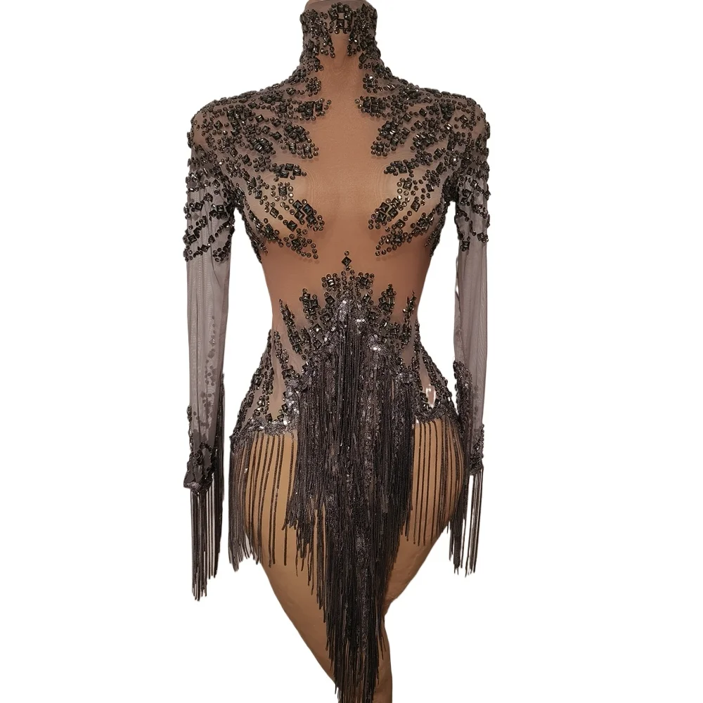 

Sparkly Rhinestones Sequins Tassels Birthday Celebrate Evening Dress Sexy Mesh Transparent Performance Dance Costume Stage Wear