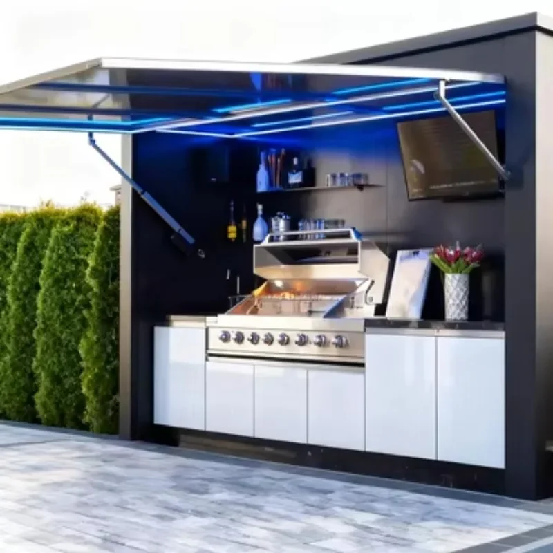 Modular Weatherproof Enclosed Shelter Outdoor Kitchen Pavilion Featuring Electric Stainless Steel Construction Eco-Friendly