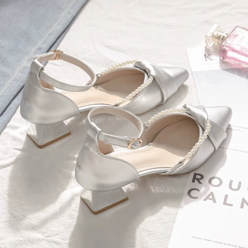 Pearl Ankle Strap High Heels 2026 Summer Pointed Toe Shallow Women's Casual Sandals for Wide Feet, Wedding & Party Shoes