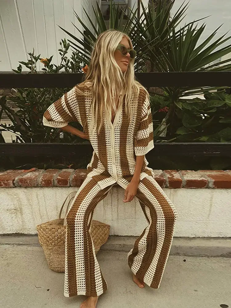 Fashion Hollow Stripe Shirts 2 Piece Sets Chic V Neck Half Sleeves Wide Leg Pants Suits 2024 Summer Female Beach Vacation Outfit