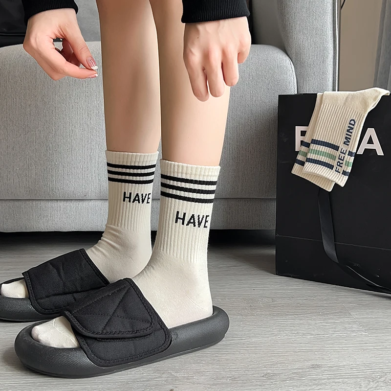 Cotton Socks For Women High Quality Spring New Fashion Letter Mixed-Color Korean Socks Female Striped Casual White Sports Socks