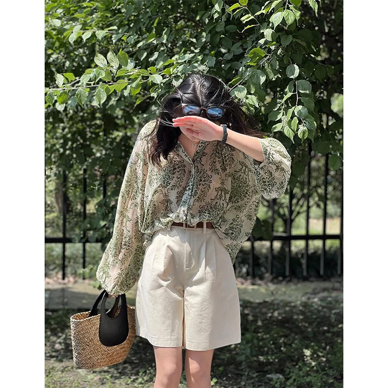 MEXZT Vintage Floral Blouses Women Print Lantern Sleeve Chiffon Shirts Summer Korean Harajuku Elegant Lady Casual Sunscreen Tops