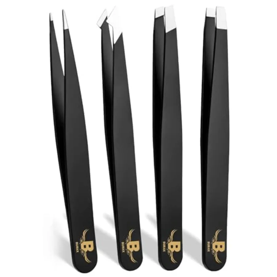 Professional Tweezers Set for Women and Men, 4-Piece Stainless Steel Precision Eyebrow Tweezers Kit with Slant, Pointed, Flat a