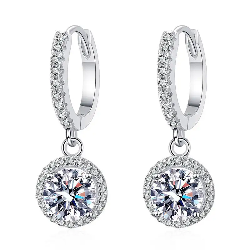 925 Sterling Silver Round D VVS1 Moissanite Halo Dangle Earrings Full Paved Huggie Hoop Drop Earrings For Women