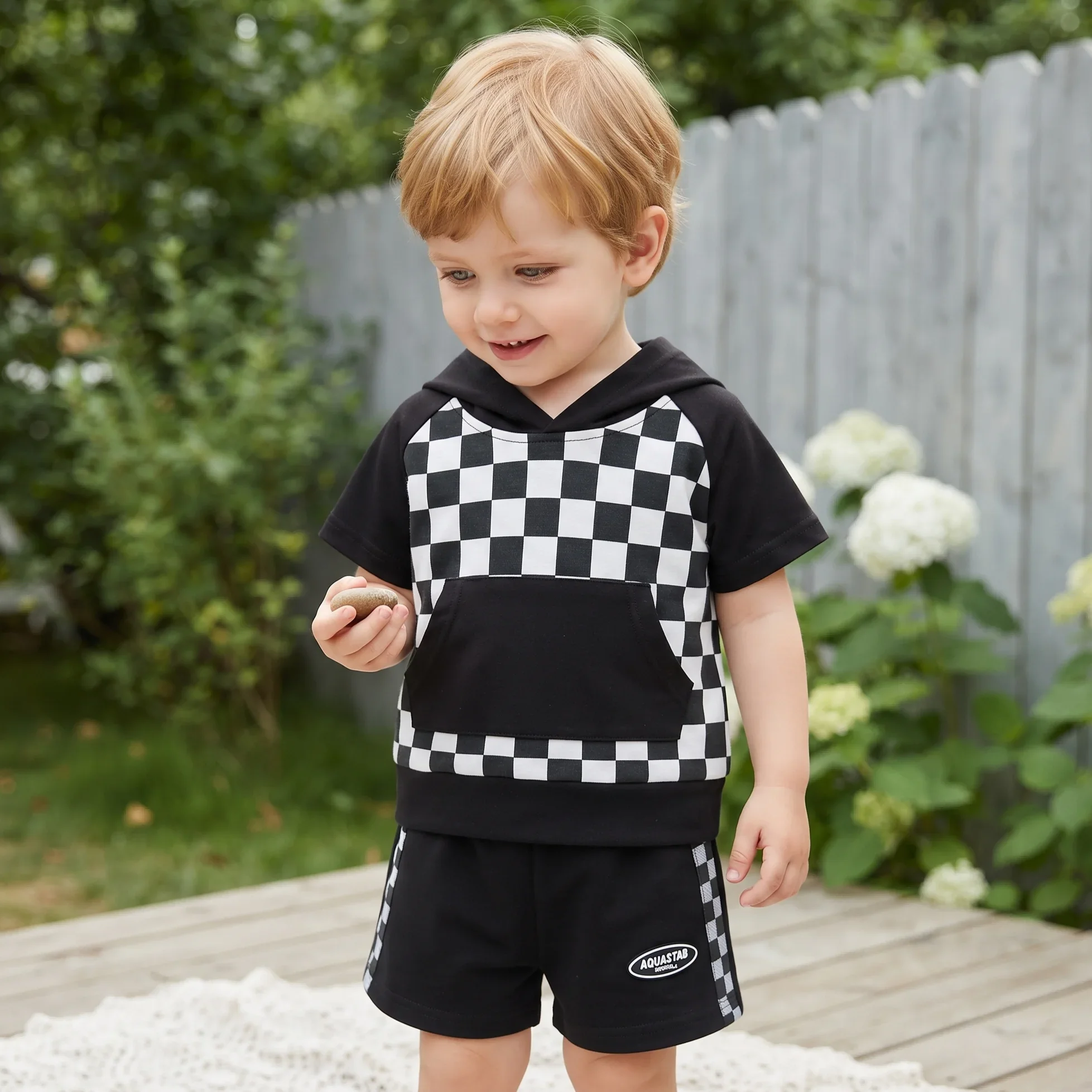 Baby 2PCS Checkerboard Hoodie Set Black White Short Sleeve Top + Shorts Unisex Casual Outfit 0-3Y