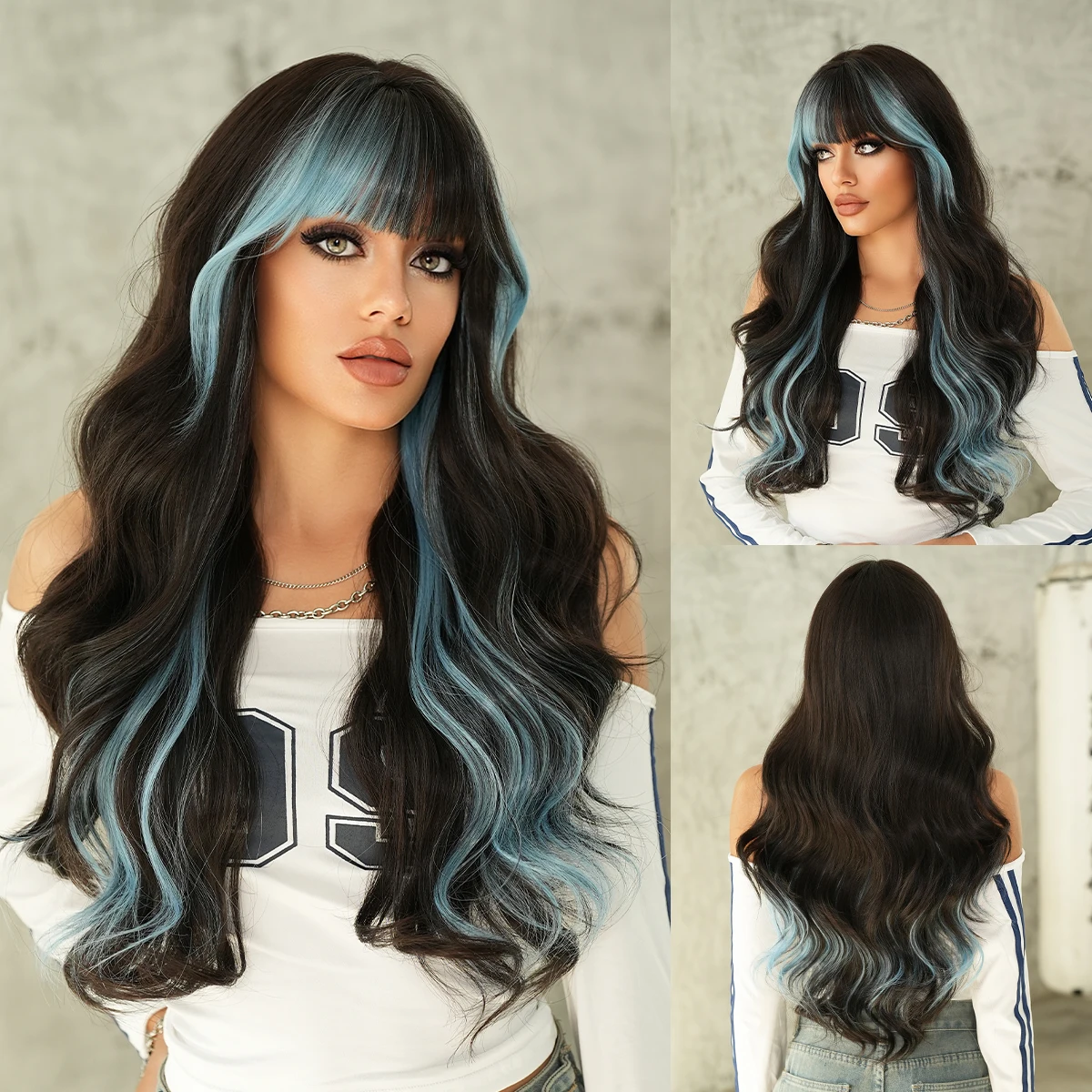 

NAMM Long Wavy Black Wigs for Women Daily Party High Density Synthetic Loose Body Wavy Highlight Blue Hair Wigs with Bangs