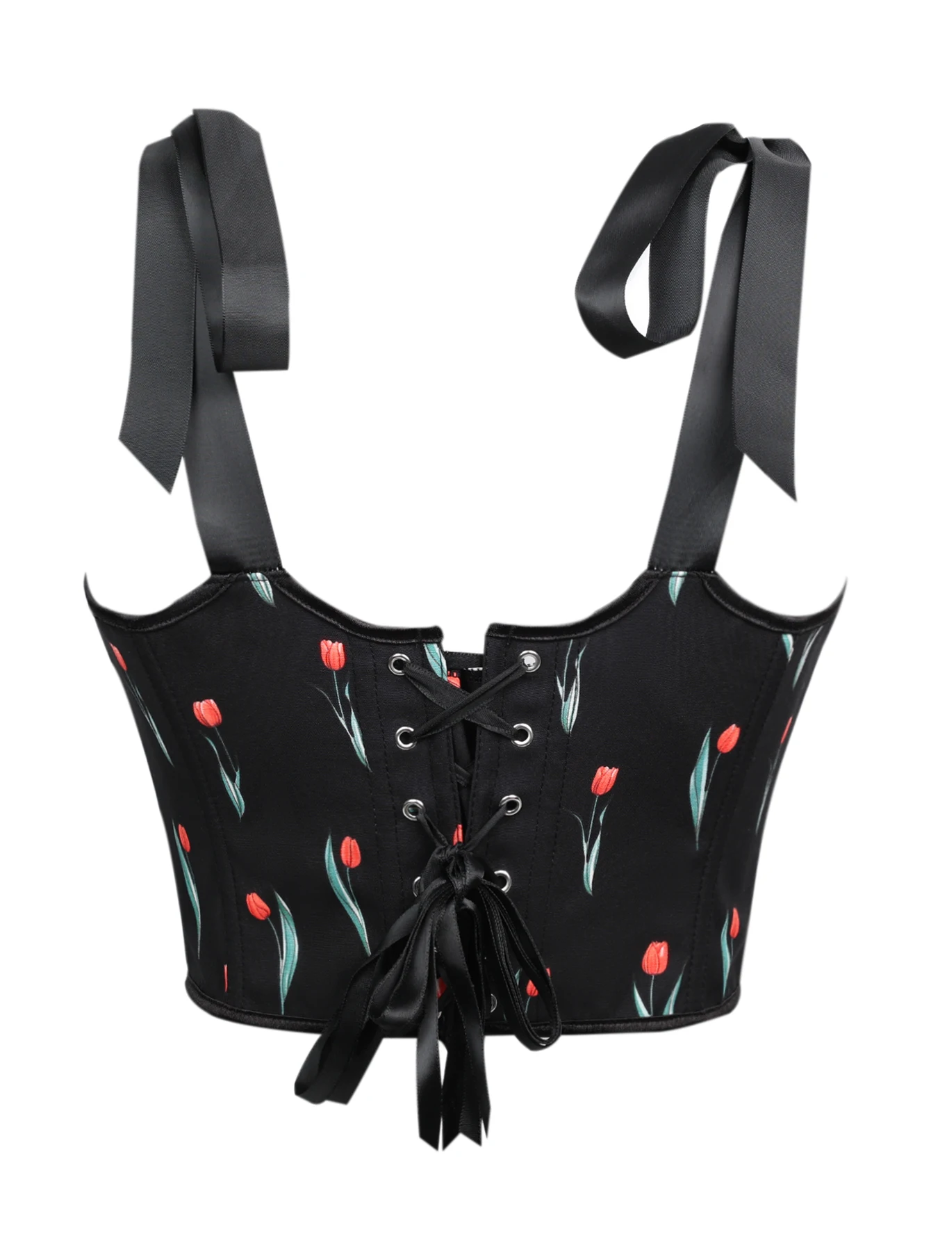 Black Tulip Print Corset Top Women Bow Strap Square Neck Back Lace Up Bustier Vintage Slim Waist Crop Camisole