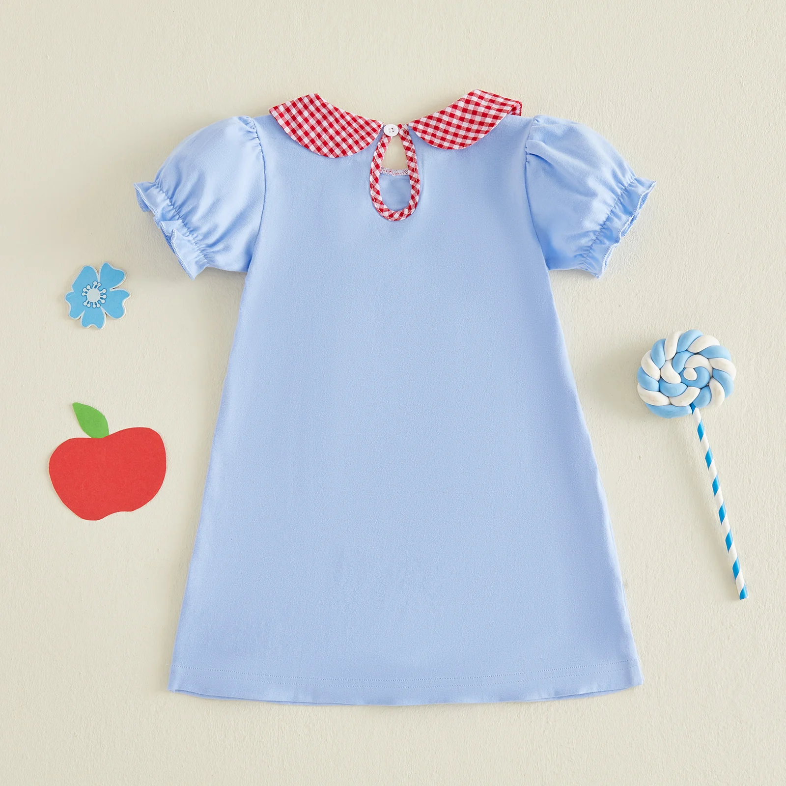 1-6Y Toddler Baby Girls Back to School Dress Adorable Apple Pencil Embroidery Short Sleeve Doll Collar Dress