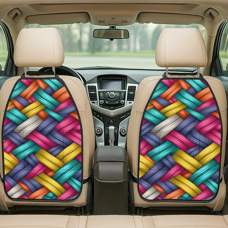 Car Seat Back Covers With Storage Pockets, Colorful Braided Thread Pattern, Auto Interior Protection Accessory
