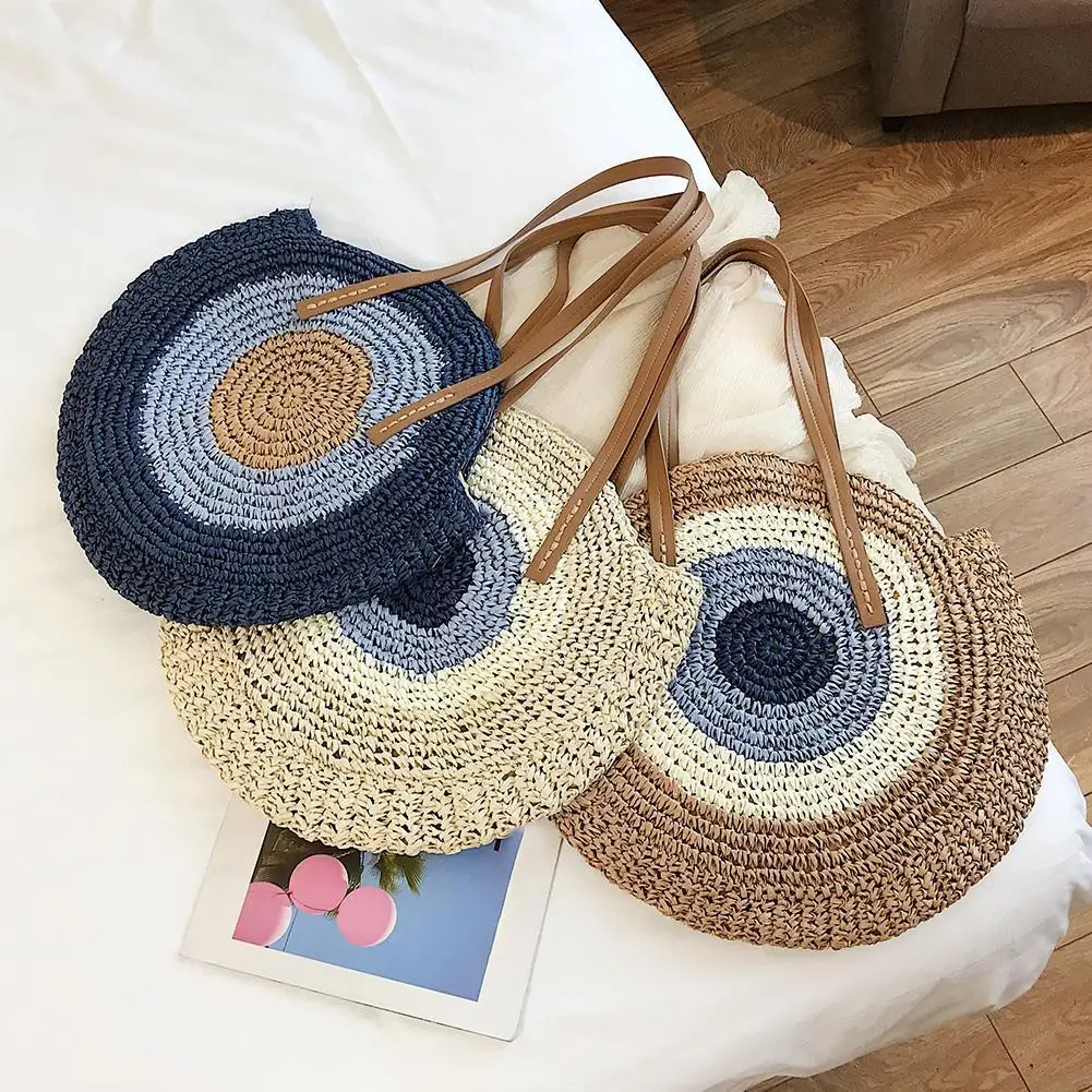 

Women Summer Straw Rattan Shoulder Bag Portable Round Color Splicing Handmade Woven Handbags Vacation Beach Travel Pouch