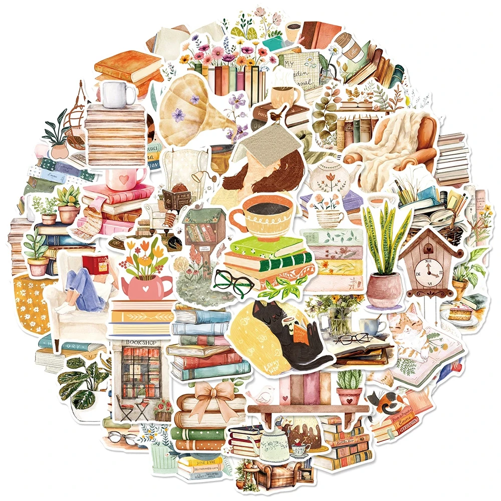 10/30/50pcs Vintage Watercolor Books Reading Stickers Aesthetic Graffiti Decals DIY Notebook Suitcase Laptop Decoration Sticker