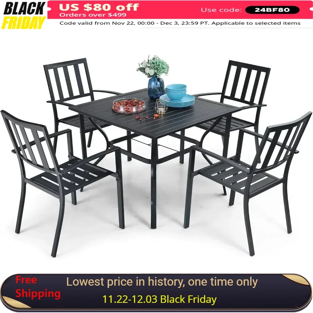 

5 Piece Outdoor Dining Table Set ,37” Square Metal Dining Table with Umbrella Hole& Stackable Steel Chairs,Garden Furniture Sets