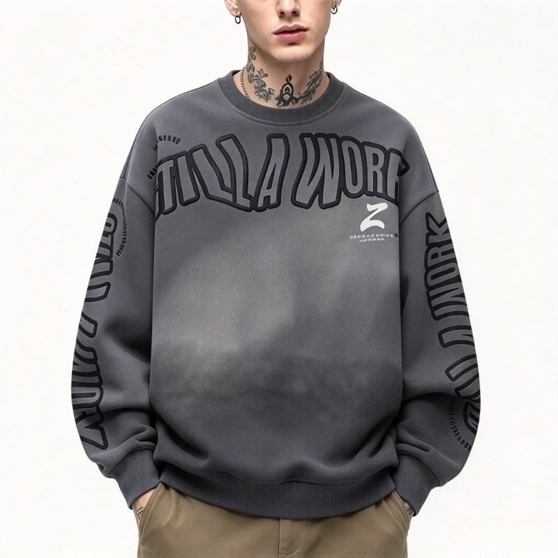 High Street Crew Neck Sweatshirt Man Autumn Gradient Washed Letter Print O Neck Hoodies Men Loose Korean Streetwear Pullover Top