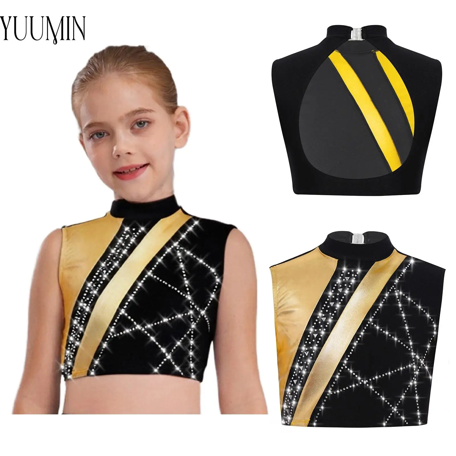 

Kids Sparkly Rhinestones Metallic Color Block Crop Top Girls Sleeveless Cutout Back Gymnastics Tops for Ballet Jazz Latin Dance