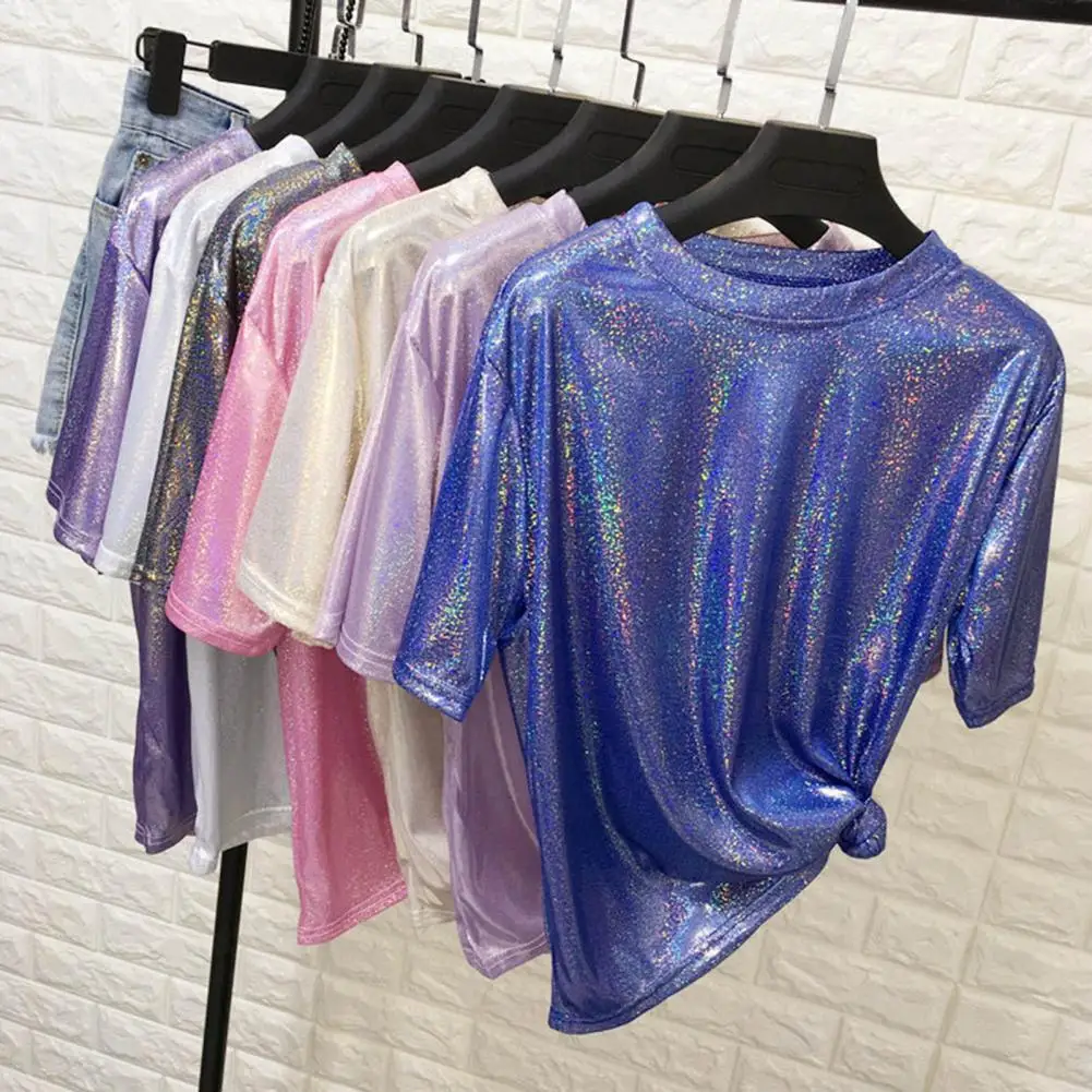 Women Glittery Top Round Neck Short Sleeve Performance T-shirt Loose Fit Glittery Reflective Tee Shirt Party Dance Pullover Top