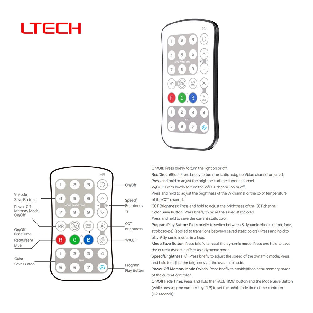 LTECH M9 RF2.4G DIY قابل للبرمجة أحادية/مزدوجة اللون RGB RGBW RGBWC جهاز تحكم LED لاسلكي لوحدة التحكم P-series (P1/P2/P3/P4/P5)