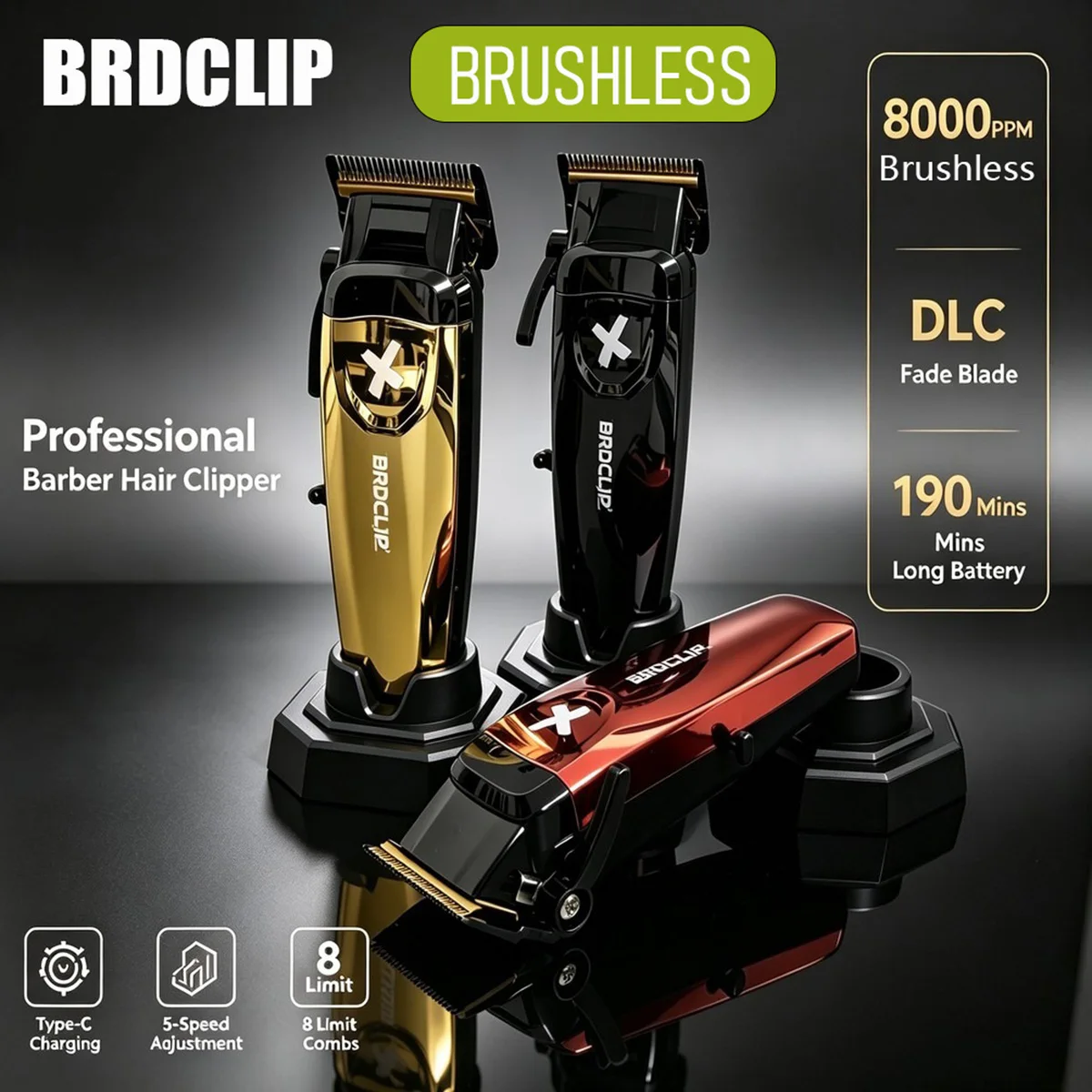 Barber Shop Professional Electric Hair Clipper BRDCLIP 8000RPM Brushless Motor DLC Fade Blade BRD 8169 Hair Trimmer for Men