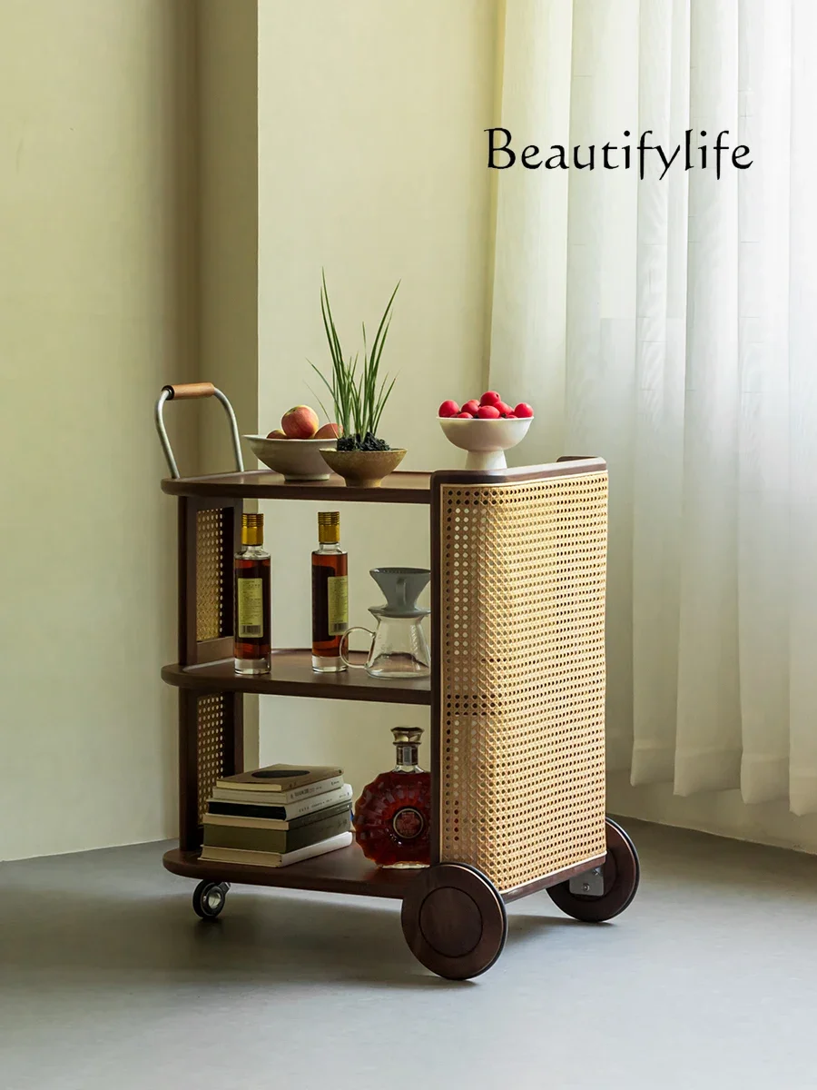

Living Room Sofa and Tea Table Side Table Trolley Rattan Solid Wood Movable Snack Cart Narrow Corner Table