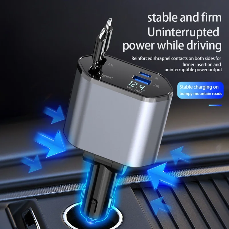 Retractable Car Charger, 4 in 1 Fast Charging Car Charger 120W, Retractable Cable and 2 USB Ports Car Charger Adapter Compatible