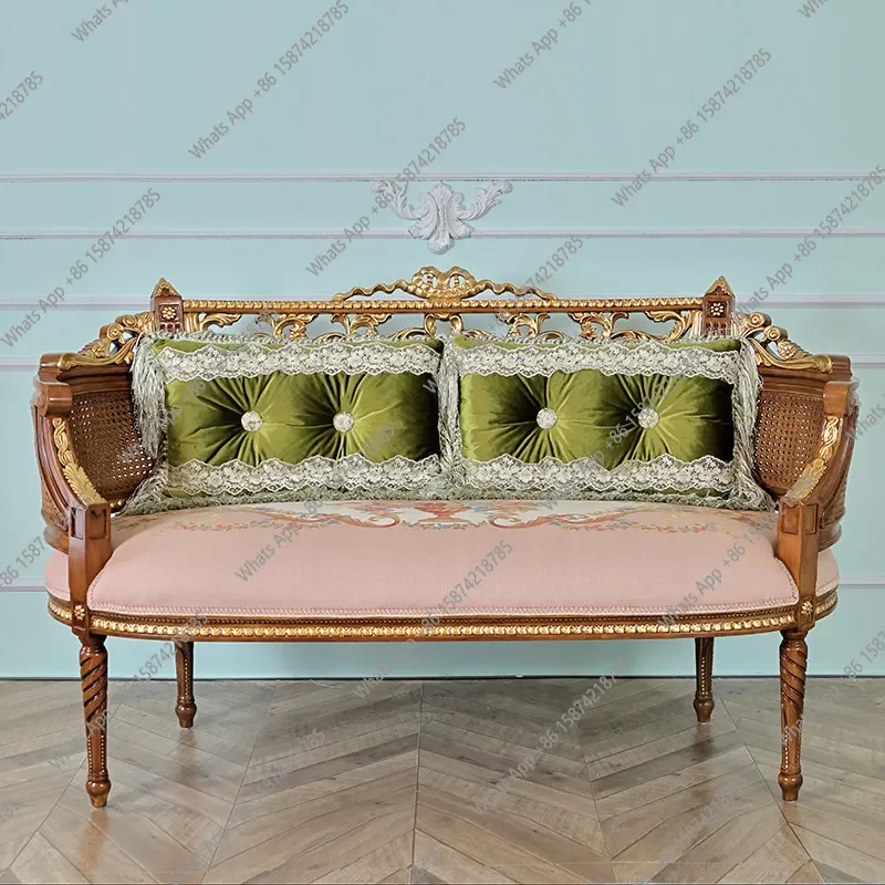 Xx Hot-selling European French Elegant Solid Wood Carving Retro Printing Pink Fabric Two-person Sofa Combination Designer