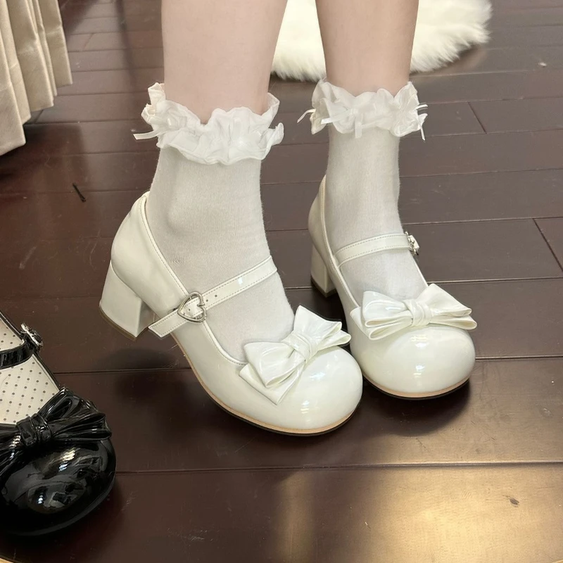 Japanese Lolita Style Low Heel Women Cute Round Head Bow Patent Leather Metal Button Mary Jane Shoes Harajuku Y2k Party  Pumps