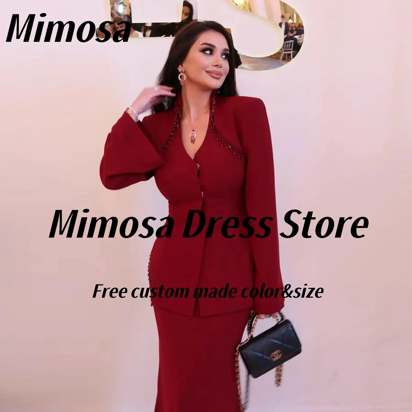 Mimosa V Neck Evening Dresses Beading Tassels Long Sleeves Jackets Special Occasion Dress Three Pieces Prom Gowns Customized