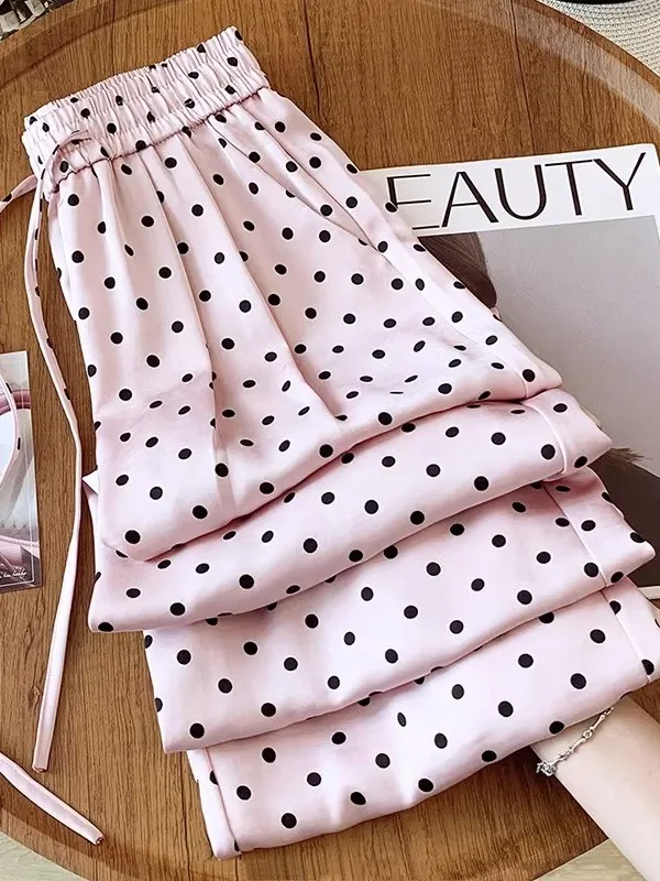 Ice Silk Polka Dot Wide Leg Pants Women Summer Thin Small Size Cool Pants Acetate Straight Floor Length Pants High Waist Stra...