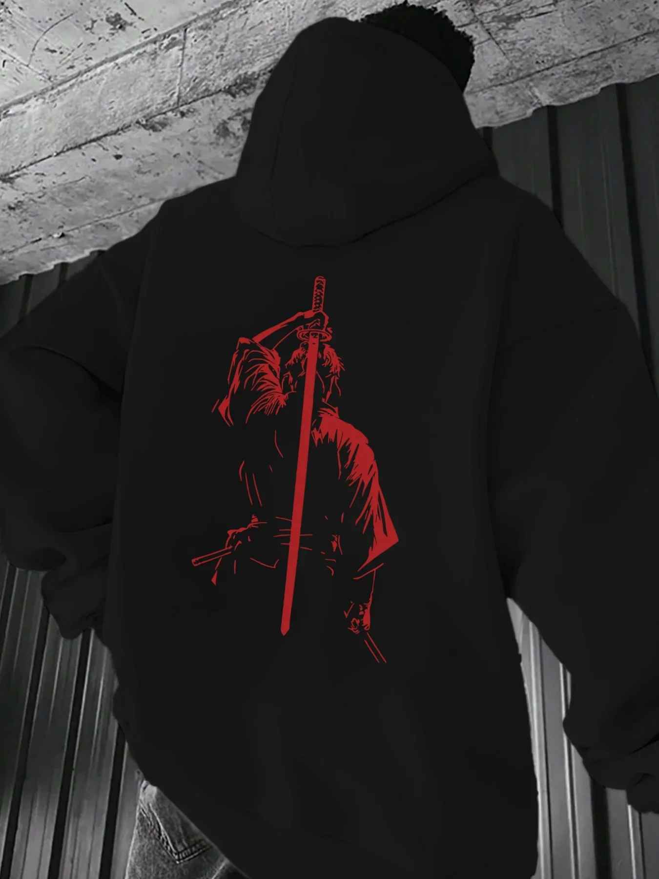 Samurai Warrior Silhouette Graphic Hoodie Retro Red Outline Ronin Drawing Sword Back Print Loose Casual Pullover Unisex