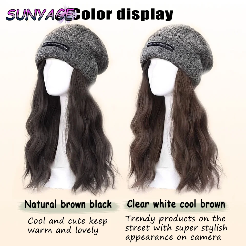 SUNYAGE Synthetic Wig Hat Wig Female One Korean Version Of Natural Long Curly Hair Knitted Hat Wig Micro-roll Full Head Cover In