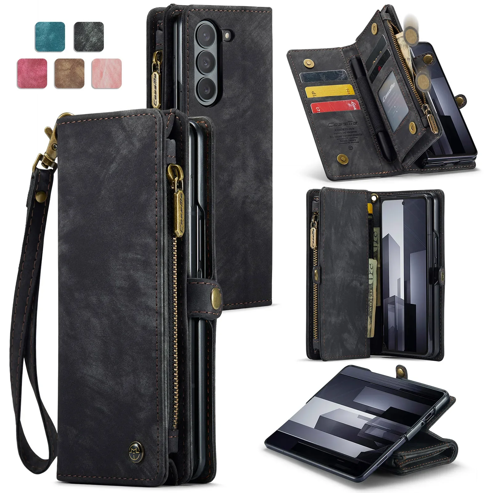 

Card Holder Zipper Strap PU Leather Flip Case for Samsung Galaxy Z Fold 7 Shockproof Wallet Card Cover for Galaxy Z Fold 6 5 4